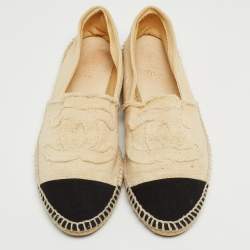 Chanel Beige/Black Canvas CC Cap Toe Espadrille Flats Size 40