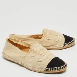 Chanel Beige/Black Canvas CC Cap Toe Espadrille Flats Size 40