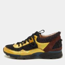 Pre Owned Chanel Multicolor Tweed and Leather CC Low Top  Sneakers Size 39