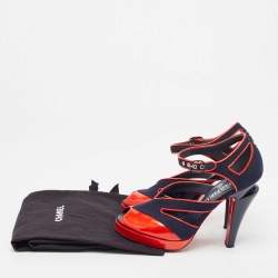 Chanel Navy Blue/Red Canvas and Patent Leather CC Peep Toe Ankle Strap Sandals Size 37