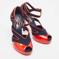 Chanel Navy Blue/Red Canvas and Patent Leather CC Peep Toe Ankle Strap Sandals Size 37