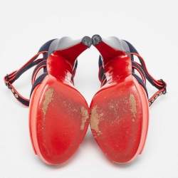 Chanel Navy Blue/Red Canvas and Patent Leather CC Peep Toe Ankle Strap Sandals Size 37