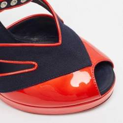 Chanel Navy Blue/Red Canvas and Patent Leather CC Peep Toe Ankle Strap Sandals Size 37