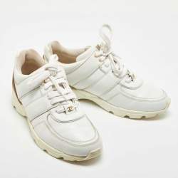 Pre Owned Chanel White/Gold Leather Interlocking CC Low Top Sneakers Size 39