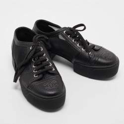 Pre Owned Chanel Black Leather And Mesh Platform Low Top Sneakers Size 37.5