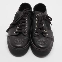 Pre Owned Chanel Black Leather And Mesh Platform Low Top Sneakers Size 37.5