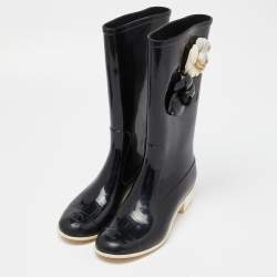 Chanel Black Rubber Camelia Rain Boots Size 38