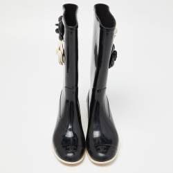 Chanel Black Rubber Camelia Rain Boots Size 38