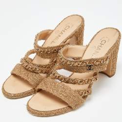 Chanel Gold Tweed Interlocking CC Logo Slide Sandals Size 39