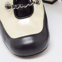 Pre Owned Chanel Off White/Black Patent and Leather Lace Up Ankle Boots Size 37