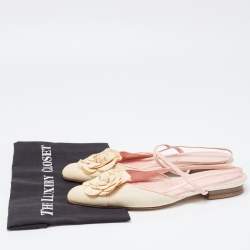 Pre Owned Chanel Off White/Pink Canvas and Leather CC Camellia Slingback Flats Size 40.5