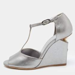 Chanel Metallic Silver Leather Wedge Sandals Size 36.5