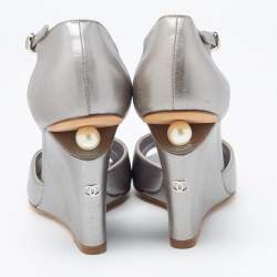 Chanel Metallic Silver Leather Wedge Sandals Size 36.5