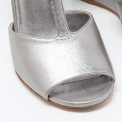 Chanel Metallic Silver Leather Wedge Sandals Size 36.5