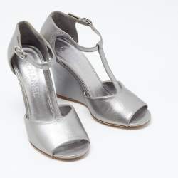 Chanel Metallic Silver Leather Wedge Sandals Size 36.5