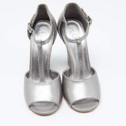 Chanel Metallic Silver Leather Wedge Sandals Size 36.5