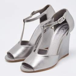 Chanel Metallic Silver Leather Wedge Sandals Size 36.5