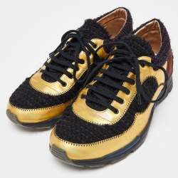 Pre Owned Chanel Tricolor Tweed and Leather CC Low Top Sneakers Size 40