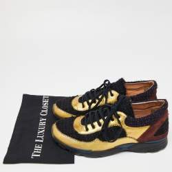 Pre Owned Chanel Tricolor Tweed and Leather CC Low Top Sneakers Size 40