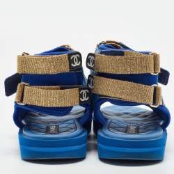 Pre Owned Chanel Blue Quilted Leather and Neoprene CC Ankle Strap Flat Sandals Size 39