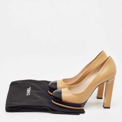 Pre Owned Chanel Beige/Black Leather Cap Toe Platform Pumps Size 36.5