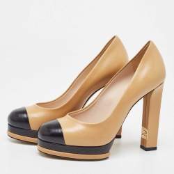 Pre Owned Chanel Beige/Black Leather Cap Toe Platform Pumps Size 36.5