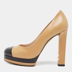 Pre Owned Chanel Beige/Black Leather Cap Toe Platform Pumps Size 36.5