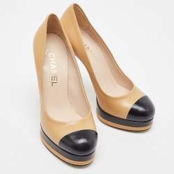 Pre Owned Chanel Beige/Black Leather Cap Toe Platform Pumps Size 36.5