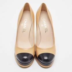 Pre Owned Chanel Beige/Black Leather Cap Toe Platform Pumps Size 36.5
