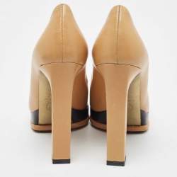 Pre Owned Chanel Beige/Black Leather Cap Toe Platform Pumps Size 36.5