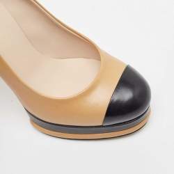 Pre Owned Chanel Beige/Black Leather Cap Toe Platform Pumps Size 36.5