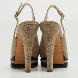 Pre Owned Chanel Grey Canvas And Black Peep Toe Platform Slingback Pumps Size 36.5