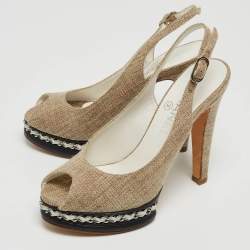 Pre Owned Chanel Grey Canvas And Black Peep Toe Platform Slingback Pumps Size 36.5