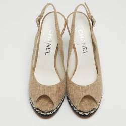 Pre Owned Chanel Grey Canvas And Black Peep Toe Platform Slingback Pumps Size 36.5