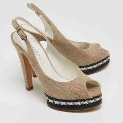 Pre Owned Chanel Grey Canvas And Black Peep Toe Platform Slingback Pumps Size 36.5