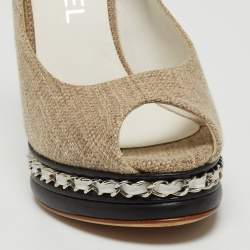 Pre Owned Chanel Grey Canvas And Black Peep Toe Platform Slingback Pumps Size 36.5