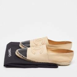 Pre Owned Chanel Beige/Black Leather CC Cap Toe Espadrille Flats Size 37
