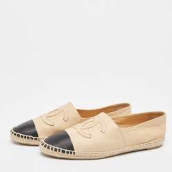 Pre Owned Chanel Beige/Black Leather CC Cap Toe Espadrille Flats Size 37