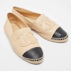 Pre Owned Chanel Beige/Black Leather CC Cap Toe Espadrille Flats Size 37