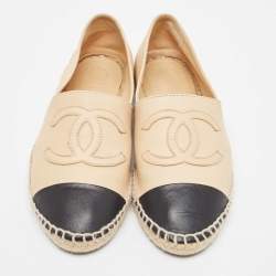 Pre Owned Chanel Beige/Black Leather CC Cap Toe Espadrille Flats Size 37