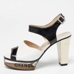 Chanel White/Black Leather and Patent Platform Ankle Strap Sandals Size 37.5