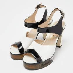 Chanel White/Black Leather and Patent Platform Ankle Strap Sandals Size 37.5