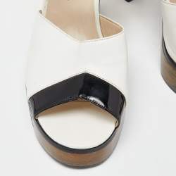 Chanel White/Black Leather and Patent Platform Ankle Strap Sandals Size 37.5