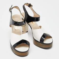 Chanel White/Black Leather and Patent Platform Ankle Strap Sandals Size 37.5
