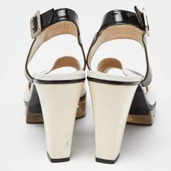 Chanel White/Black Leather and Patent Platform Ankle Strap Sandals Size 37.5