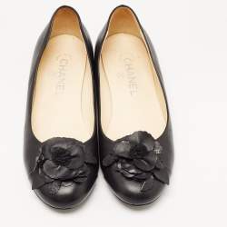 Chanel Black Leather Camelia Ballet Flats Size 37.5