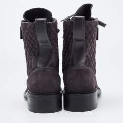 Chanel Dark Grey Quilted Suede and Leather Cap Toe Ankle Boots Size 39.5
