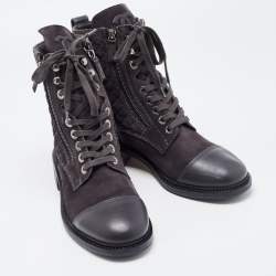 Chanel Dark Grey Quilted Suede and Leather Cap Toe Ankle Boots Size 39.5