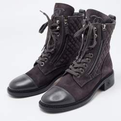 Chanel Dark Grey Quilted Suede and Leather Cap Toe Ankle Boots Size 39.5