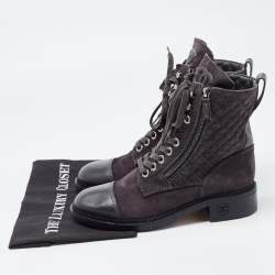 Chanel Dark Grey Quilted Suede and Leather Cap Toe Ankle Boots Size 39.5